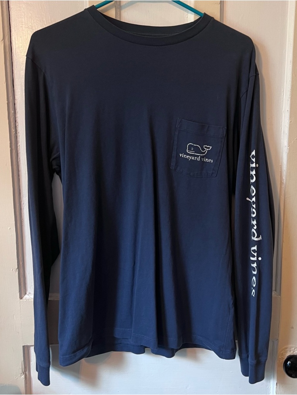 Vineyard Vines Navy Long Sleeve Lacrosse Pocket Tee - White Logo and Sleeve Text